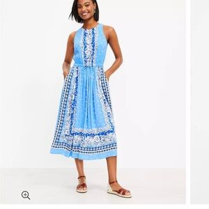 Loft Border Print Cutout Back Midi Pocket Dress Sz MP